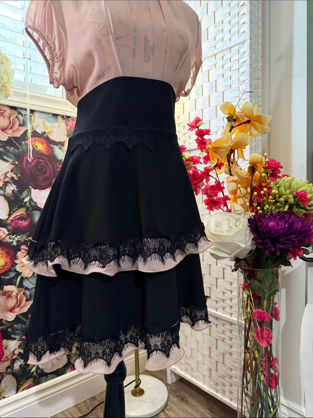 Rinascimento Blush Pink & Black Tiered Lace Midi Dress